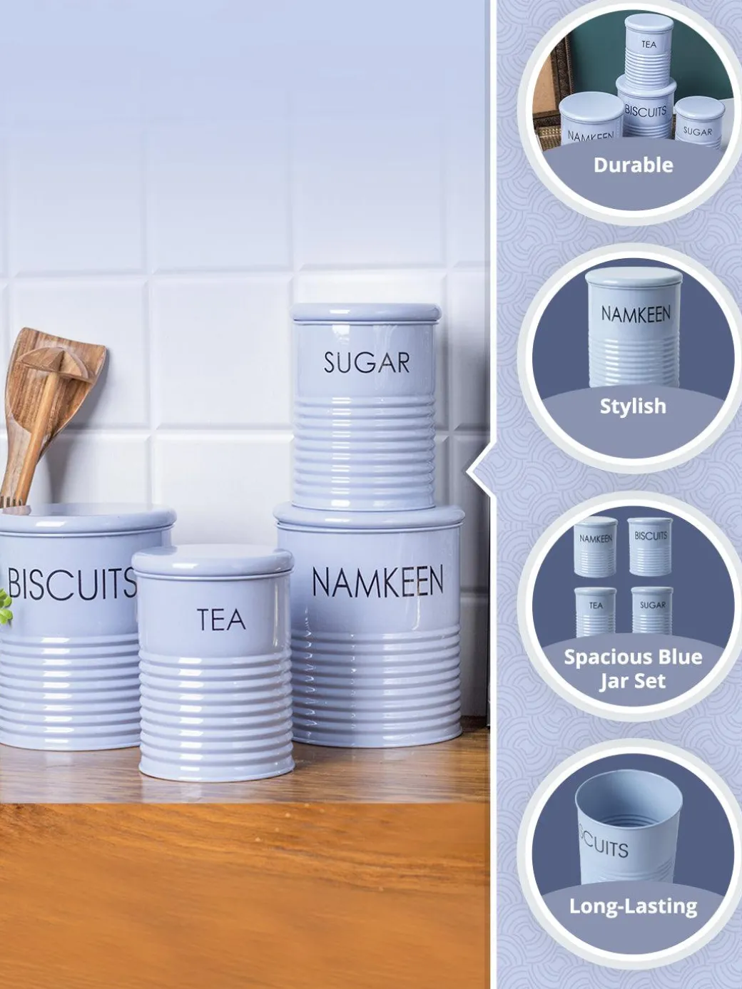 Tea & Sugar Jar (Each 900 Ml) + Biscuits & Namkeen Jar (Each 1700 Ml) - Light Blue, Set Of 4