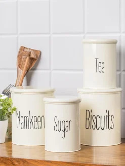 Tea & Sugar Jar (Each 900 Ml) + Biscuits & Namkeen Jar (Each 1700 Ml) - White, Set Of 4