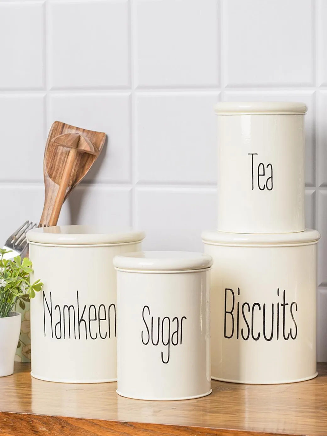 Tea & Sugar Jar (Each 900 Ml) + Biscuits & Namkeen Jar (Each 1700 Ml) - White, Set Of 4