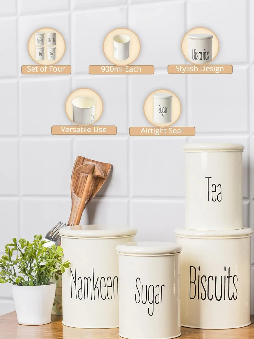 Tea & Sugar Jar (Each 900 Ml) + Biscuits & Namkeen Jar (Each 1700 Ml) - White, Set Of 4