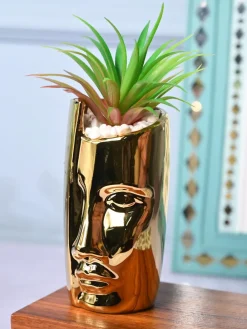 Tranquil Expression - Face Design Ceramic Pot with Artificial Plant