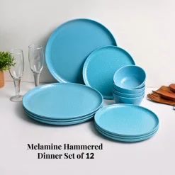 Turquoise Hammered Melamine Dinner Set – 12 Pcs