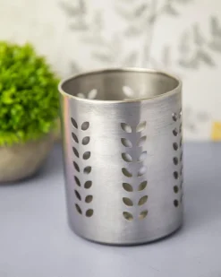 Utensil Caddy, Leaf Punch Design, Silver, Stainless Steel