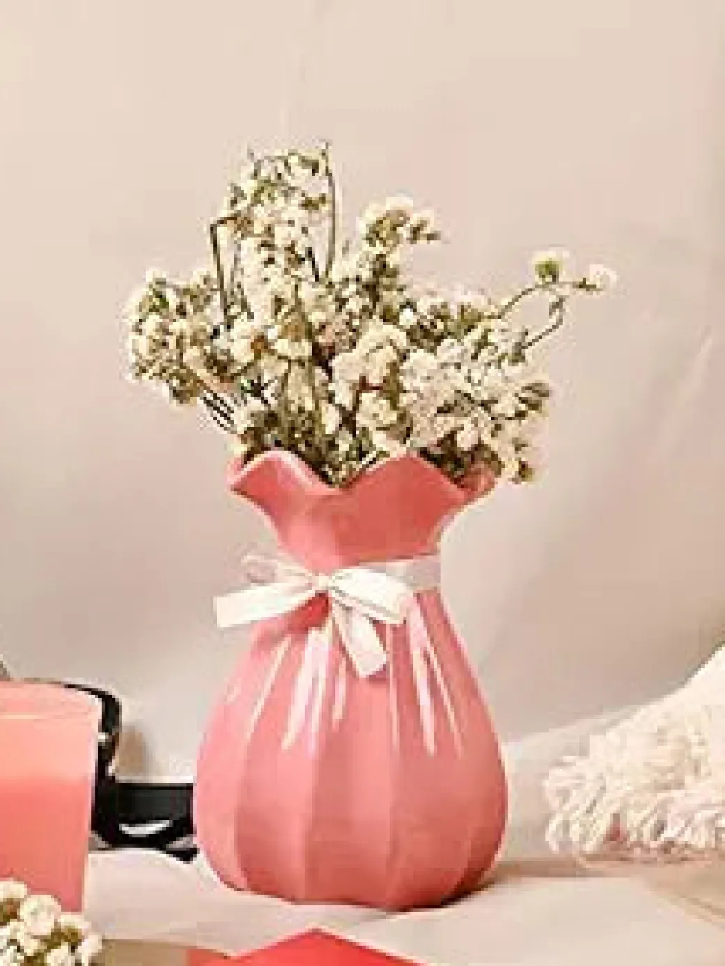 Vase with Bow, Floral Mouth, Pink, Ceramic