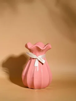 Vase with Bow, Floral Mouth, Pink, Ceramic