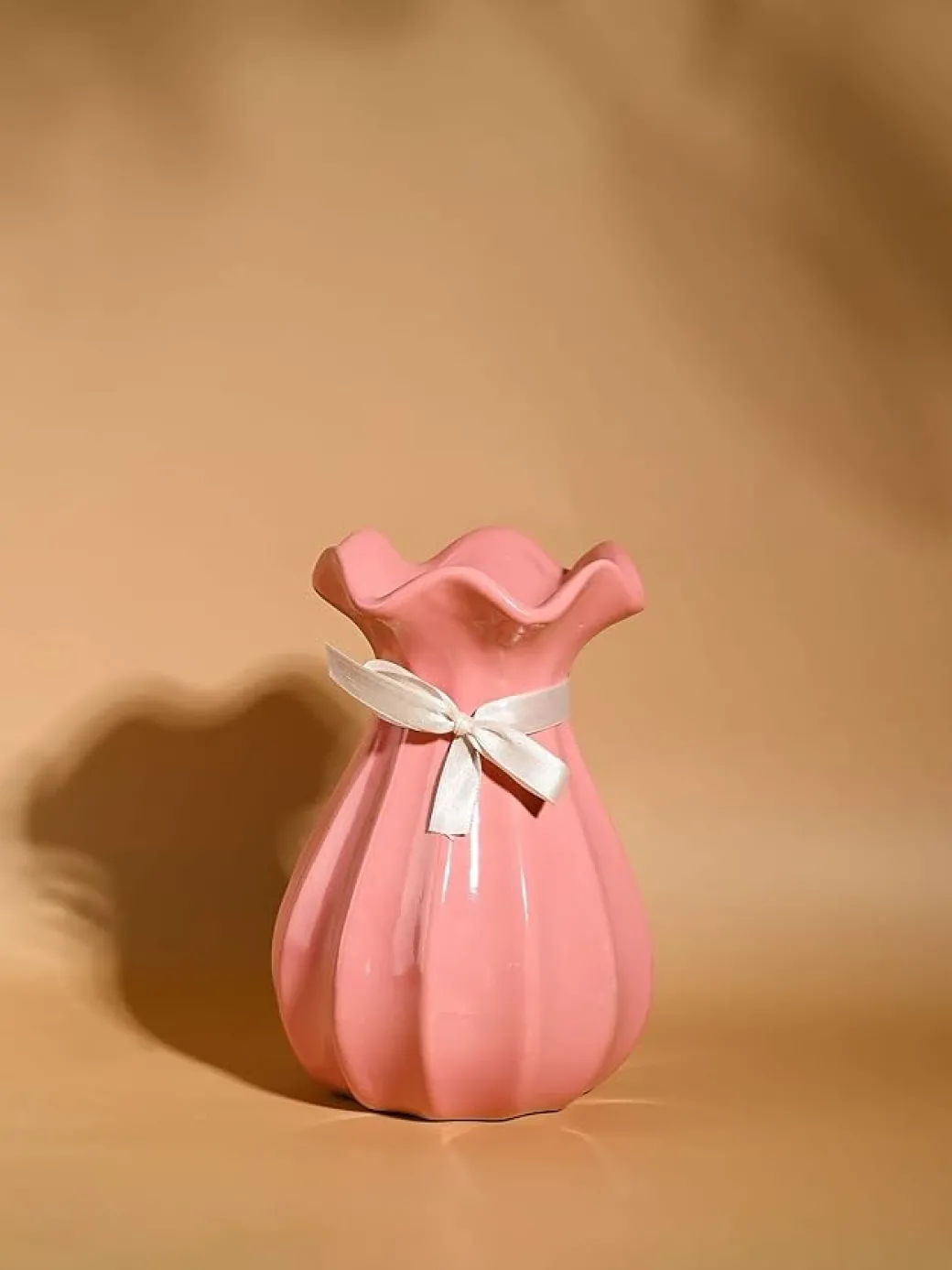 Vase with Bow, Floral Mouth, Pink, Ceramic