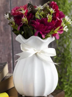 Vase with Bow, Floral Mouth, White, Ceramic