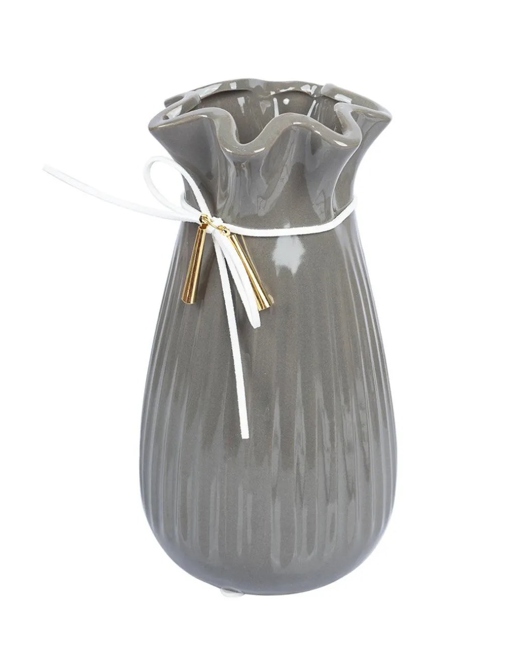 Vase with Tassel, Floral Mouth, Grey, Ceramic