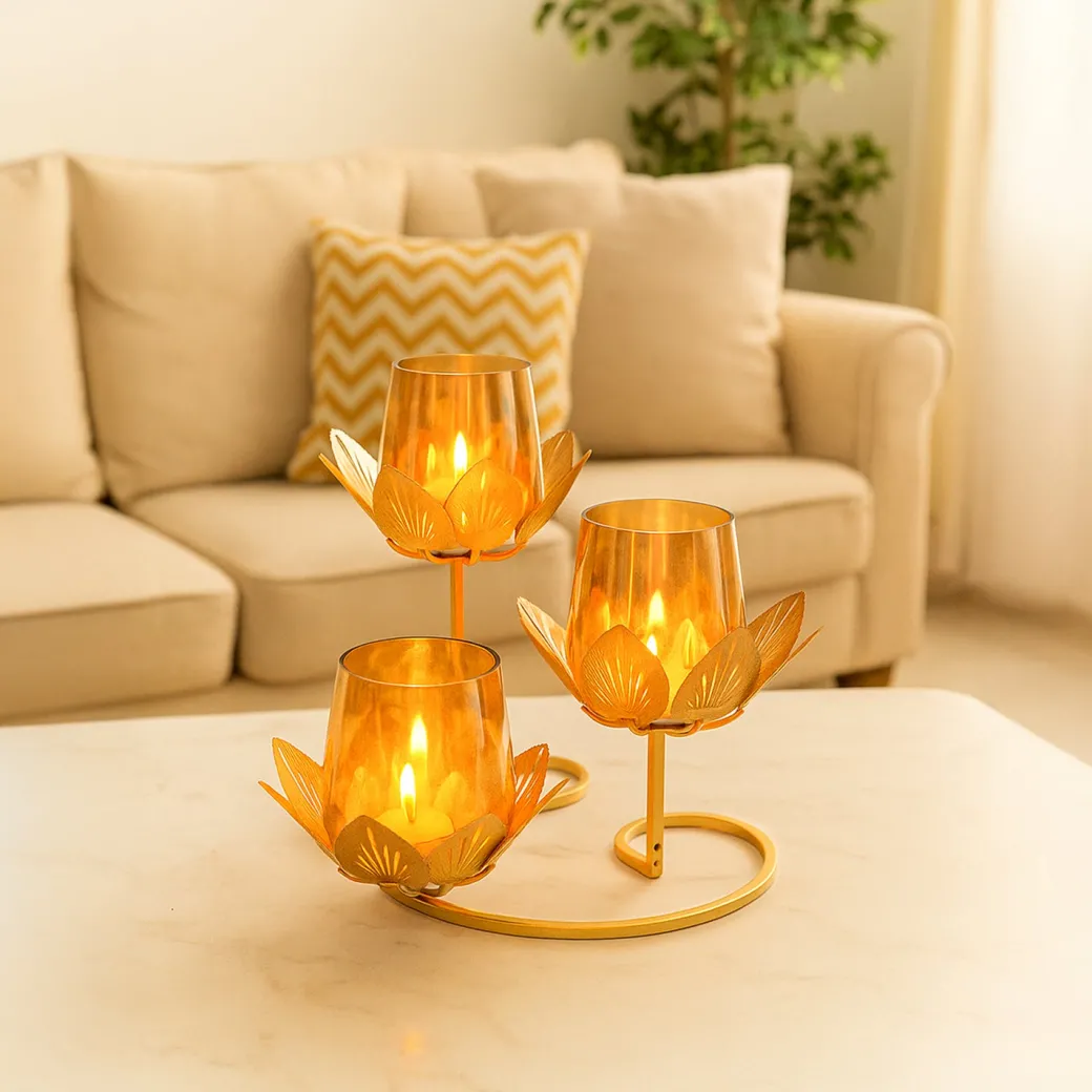 VON CASA 3 Votive T-Light Holder – Triple Lotus Design