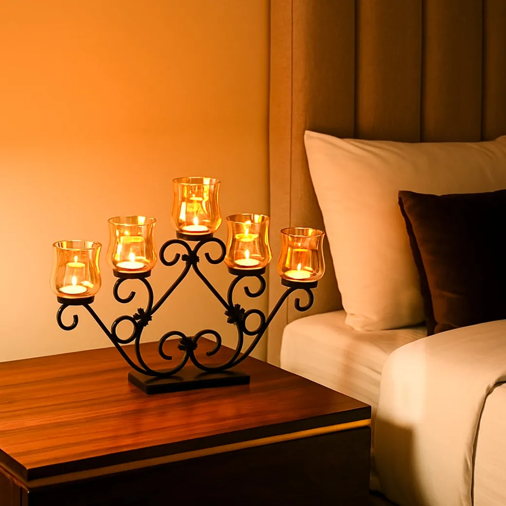 VON CASA 5 Votive T-Light Holder – Black & Golden Luster Glass