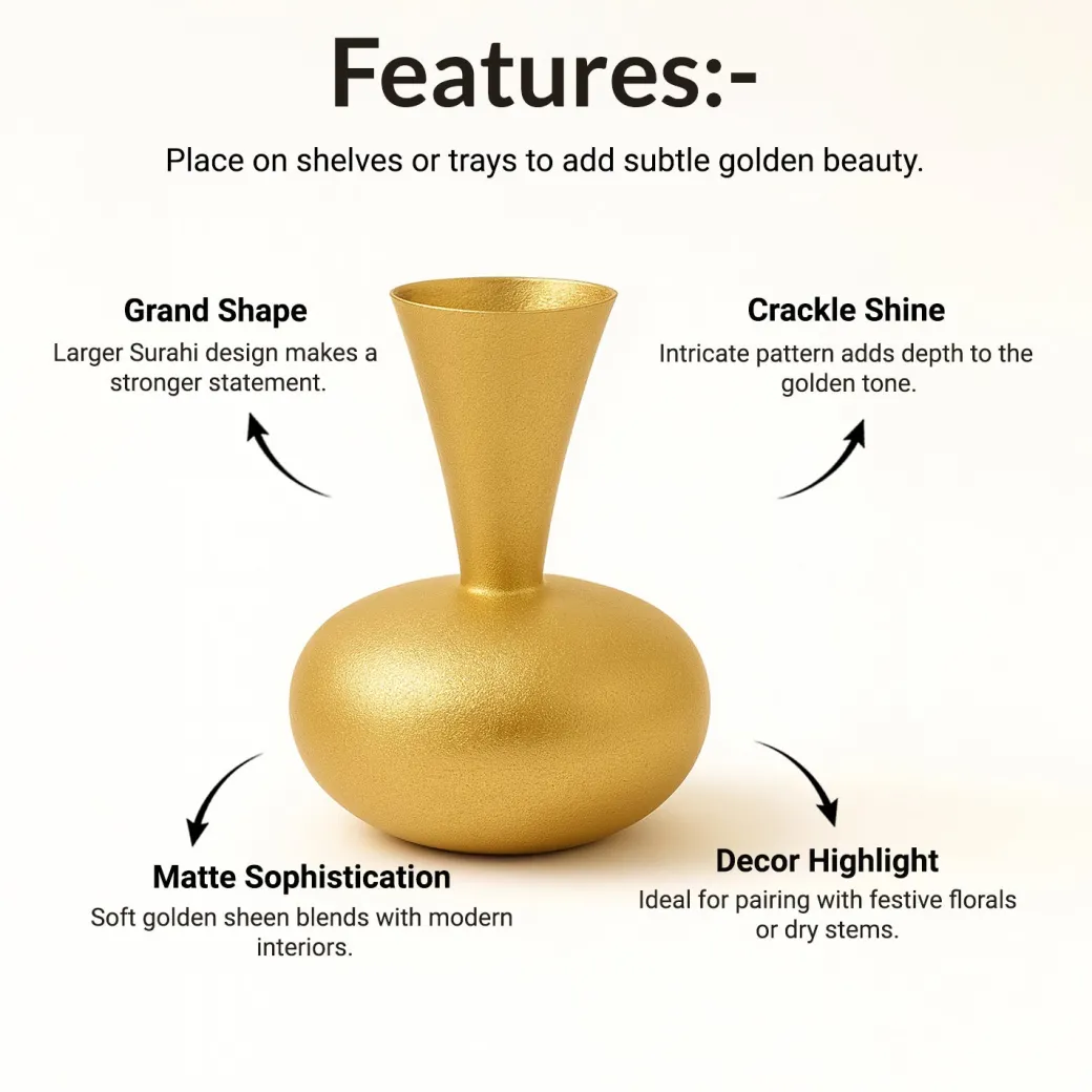 VON CASA Big Golden Surahi Flower Vase – (21 CM)
