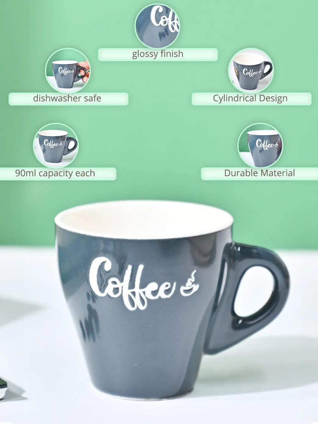 VON CASA Black Coffee Mug - Set Of 2, 90Ml Each