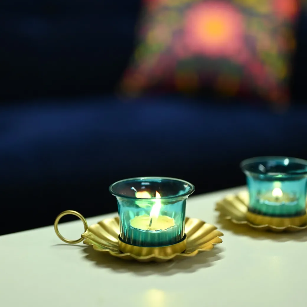 VON CASA Blue & Gold Decorative Candle Holder