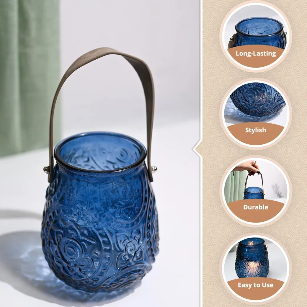 VON CASA Blue Cylindrical Glass T-Light Holder