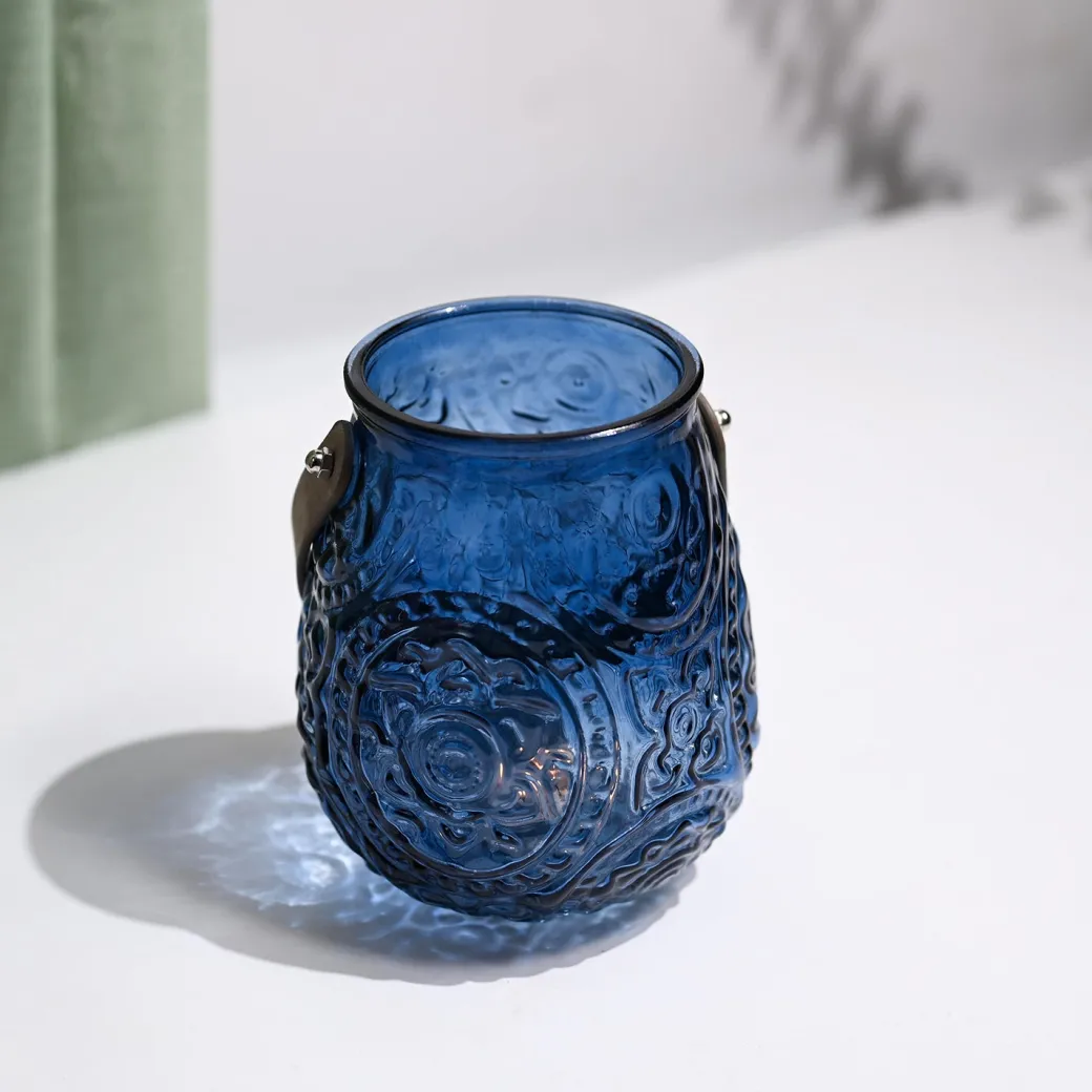 VON CASA Blue Cylindrical Glass T-Light Holder