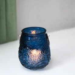 VON CASA Blue Cylindrical Glass T-Light Holder