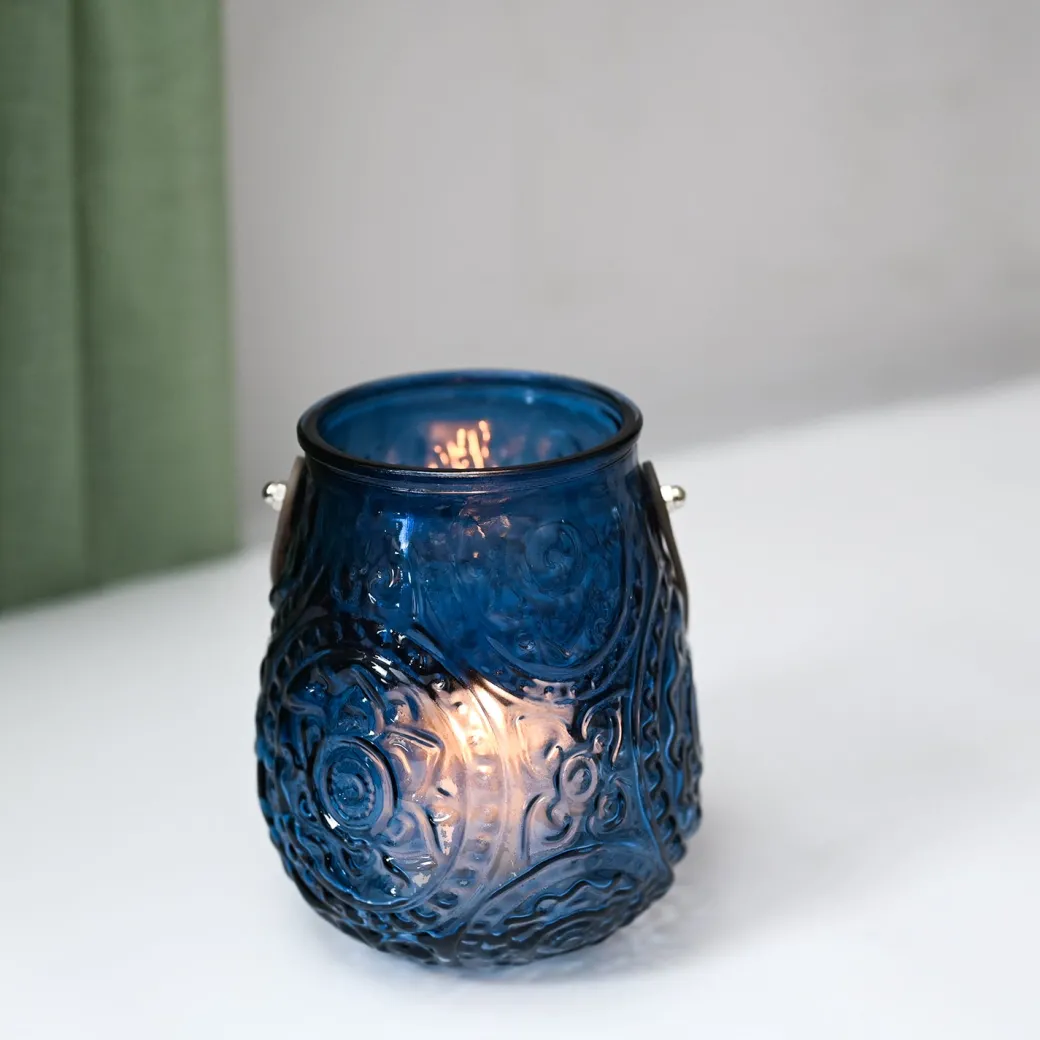 VON CASA Blue Cylindrical Glass T-Light Holder