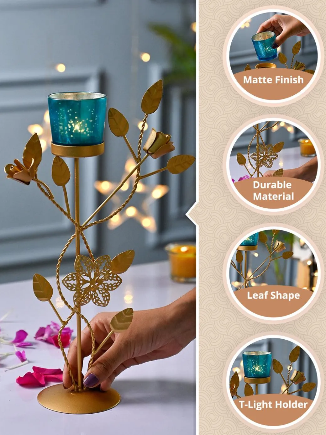 VON CASA Blue Leaf Shape T-Light Holder