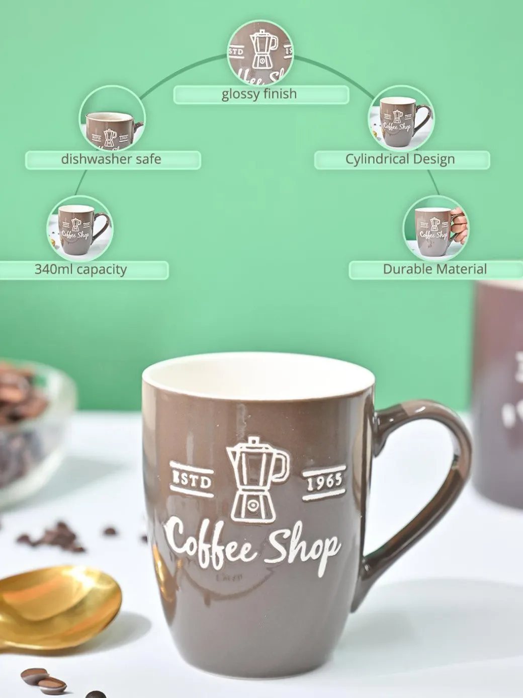 VON CASA Brown Mug (Coffee Shop) - 340Ml
