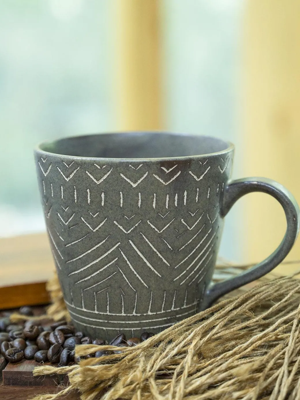 VON CASA Ceramic Coffee Mug - 320 Ml, Light Blue & Engrabed