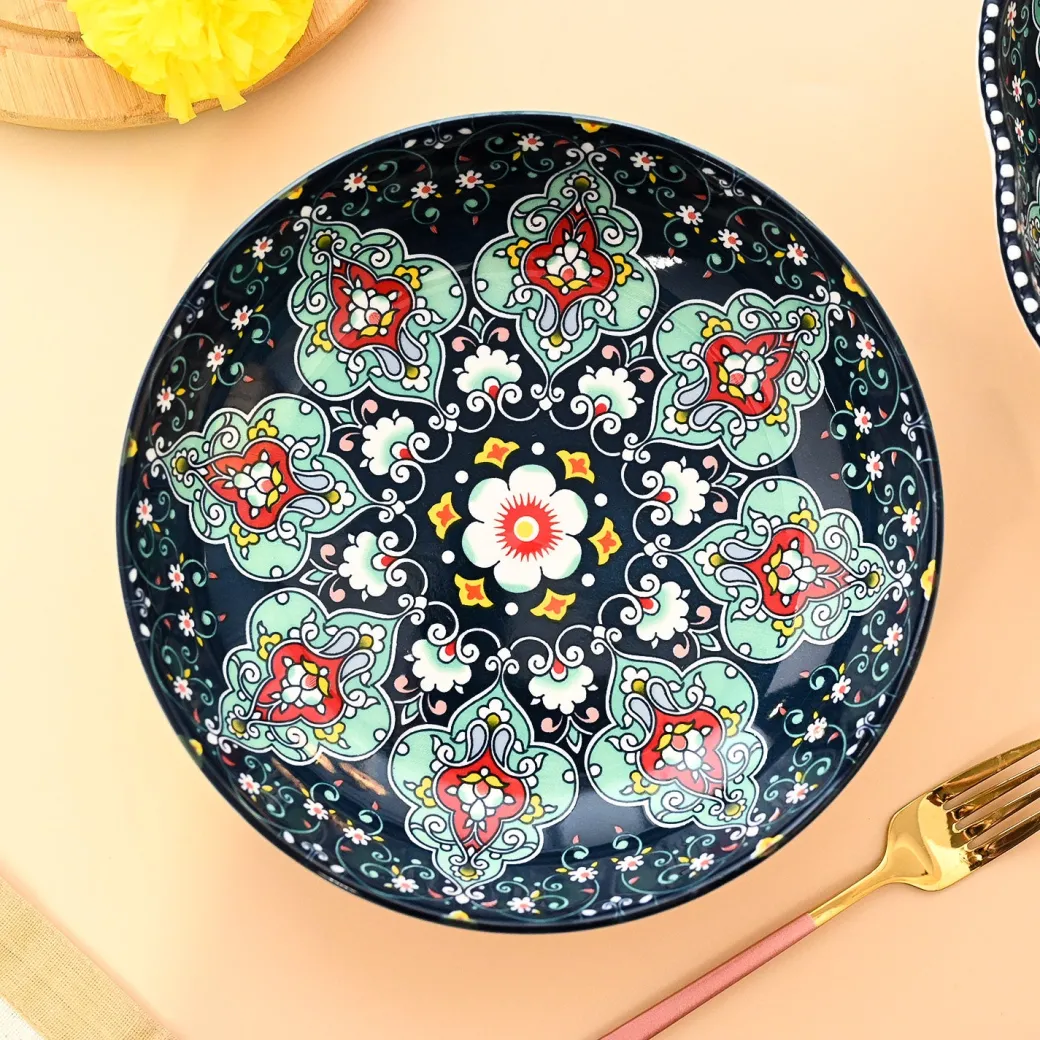 VON CASA Ceramic Mandala Navy Blue Round Platter