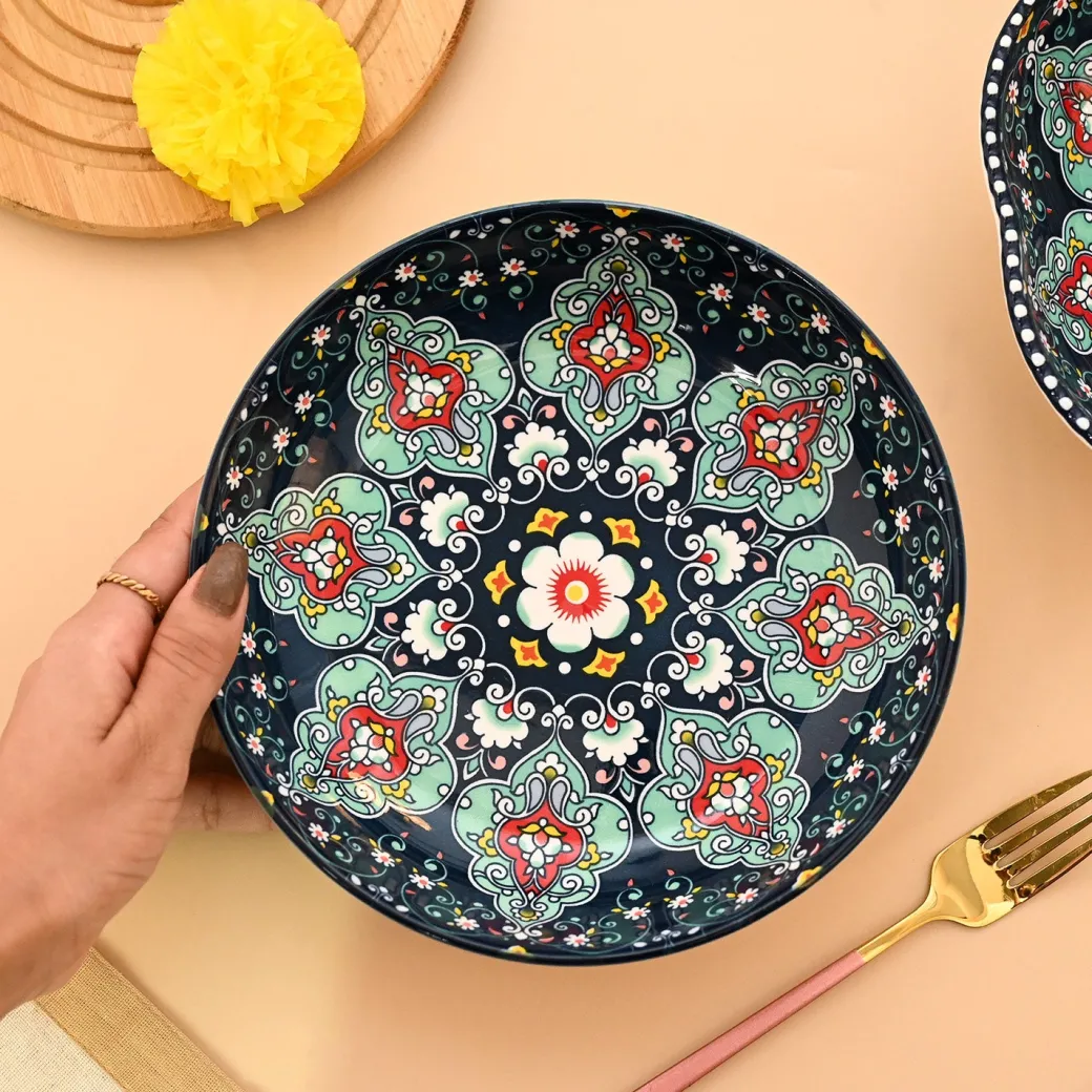 VON CASA Ceramic Mandala Navy Blue Round Platter