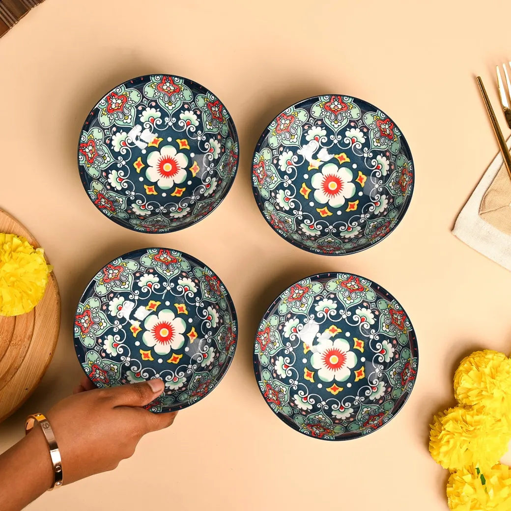 VON CASA Ceramic Mandala Navy Blue Bowl Set Of 4