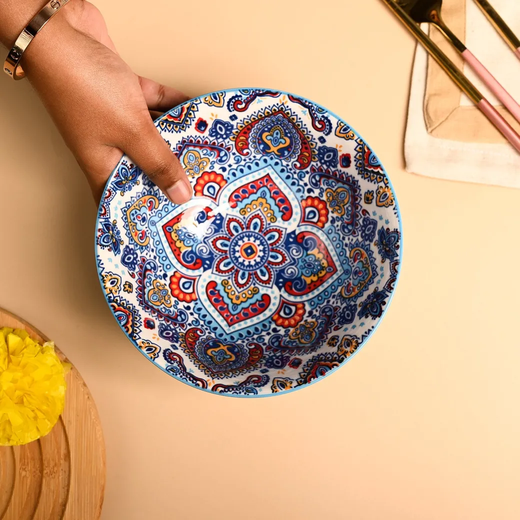 VON CASA Ceramic Mandala Light Blue Round Serving Bowl Set Of 2
