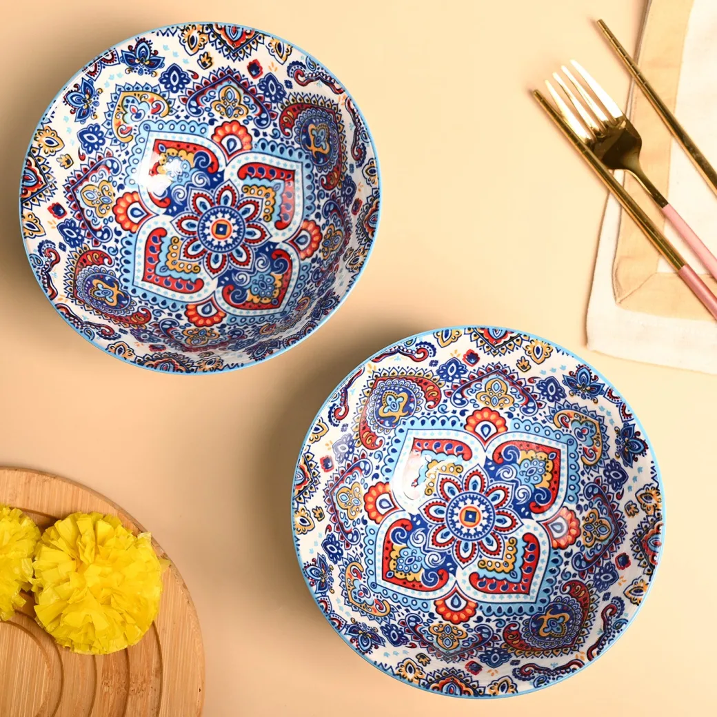 VON CASA Ceramic Mandala Light Blue Round Serving Bowl Set Of 2
