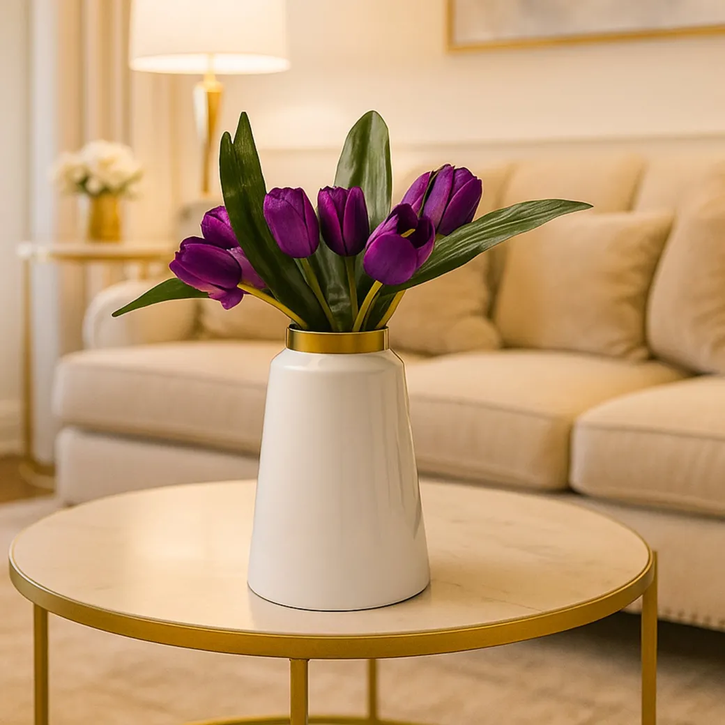 VON CASA Decorative Vase – White with Golden Ring