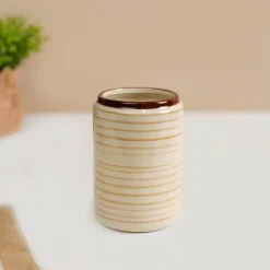 VON CASA Fine-Lined Ceramic Tooth Brush Holder (White & Brown)