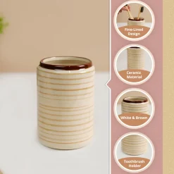 VON CASA Fine-Lined Ceramic Tooth Brush Holder (White & Brown)
