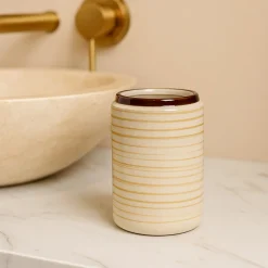 VON CASA Fine-Lined Ceramic Tooth Brush Holder (White & Brown)
