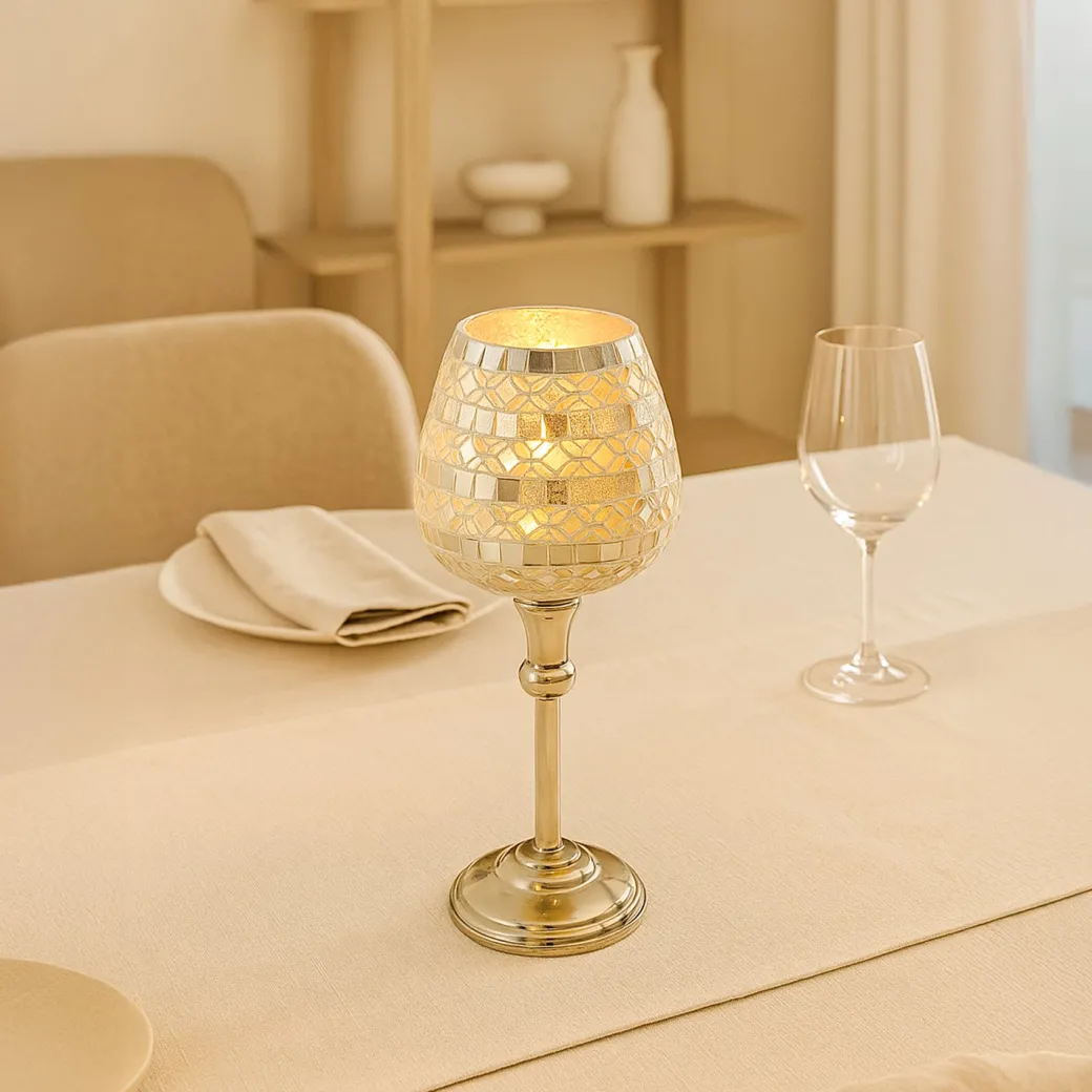VON CASA Goblet T-Light Holder (Big) – Silver Mosaic Elegance