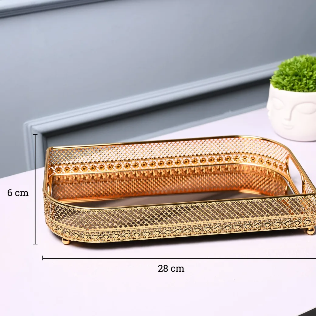 VON CASA Golden Round Large Tray - Leaf Design