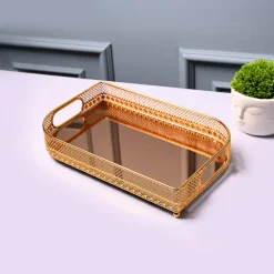 VON CASA Golden Round Medium Tray - Leaf Design