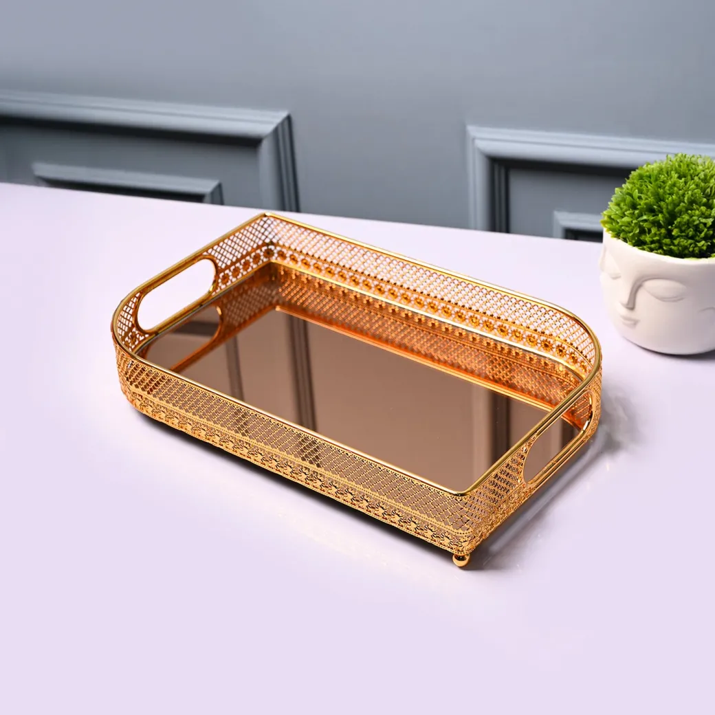 VON CASA Golden Round Medium Tray - Leaf Design