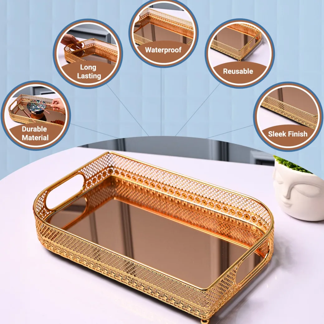 VON CASA Golden Round Medium Tray - Leaf Design