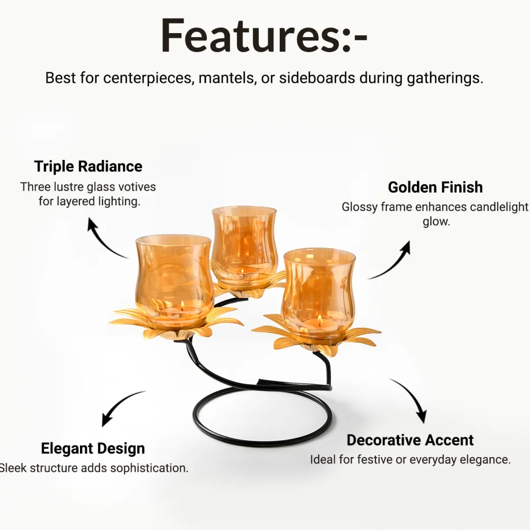 VON CASA Golden 3-Votive T-Lite Holder – Lustre Glass Finish