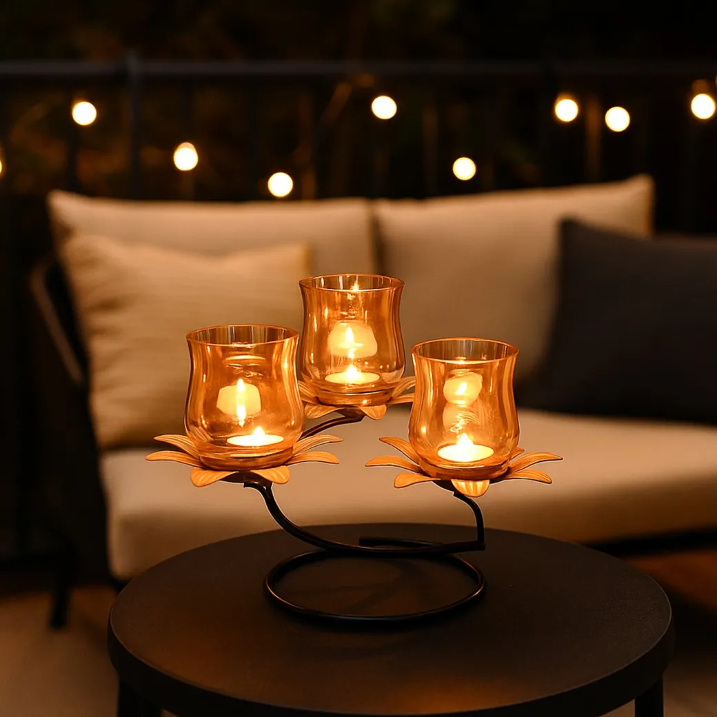 VON CASA Golden 3-Votive T-Lite Holder – Lustre Glass Finish