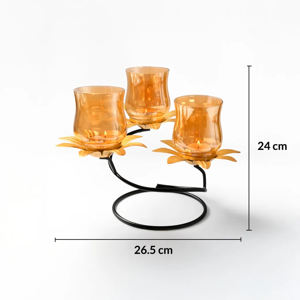 VON CASA Golden 3-Votive T-Lite Holder – Lustre Glass Finish