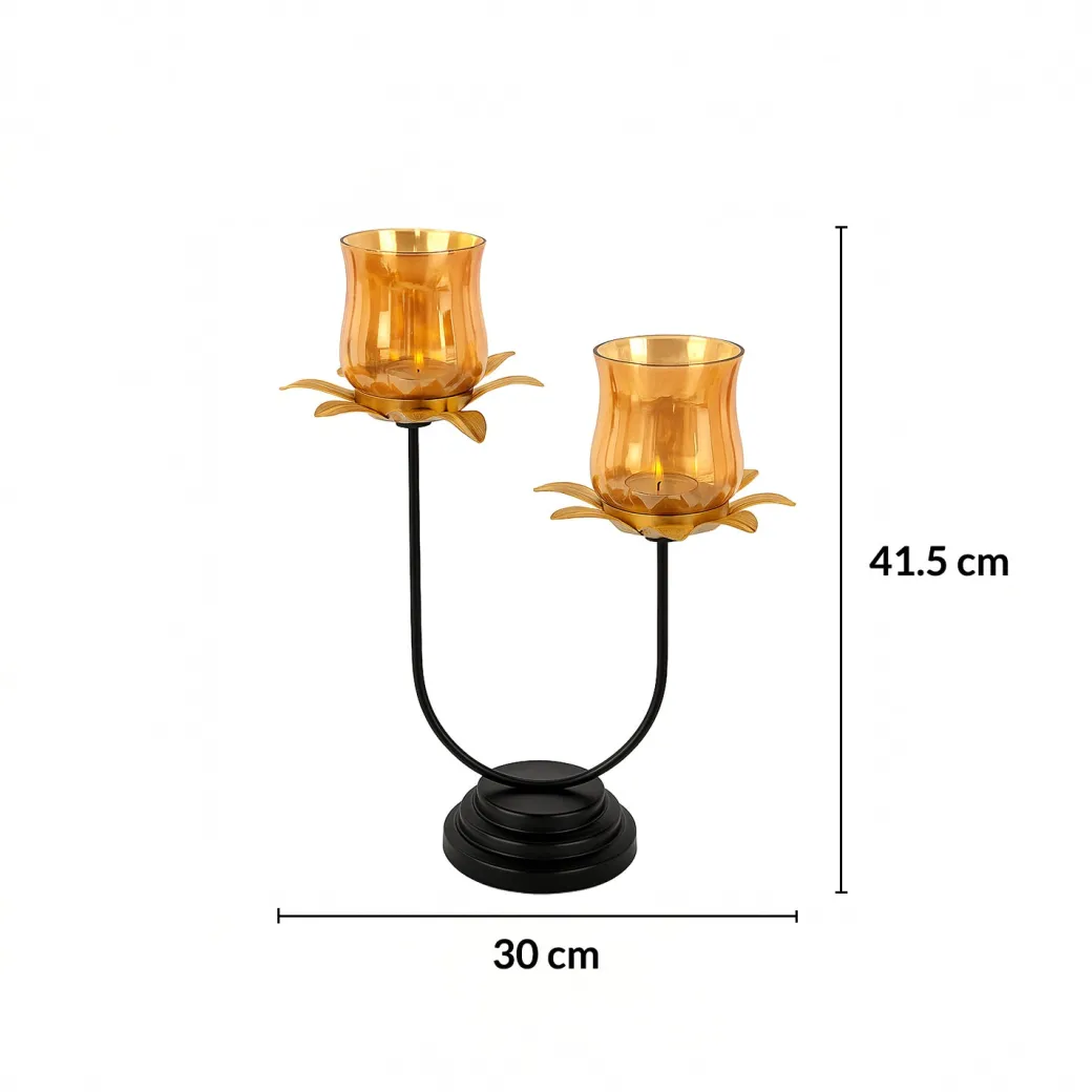 VON CASA Golden 2-Votive U T-Lite Holder – Metal & Glass