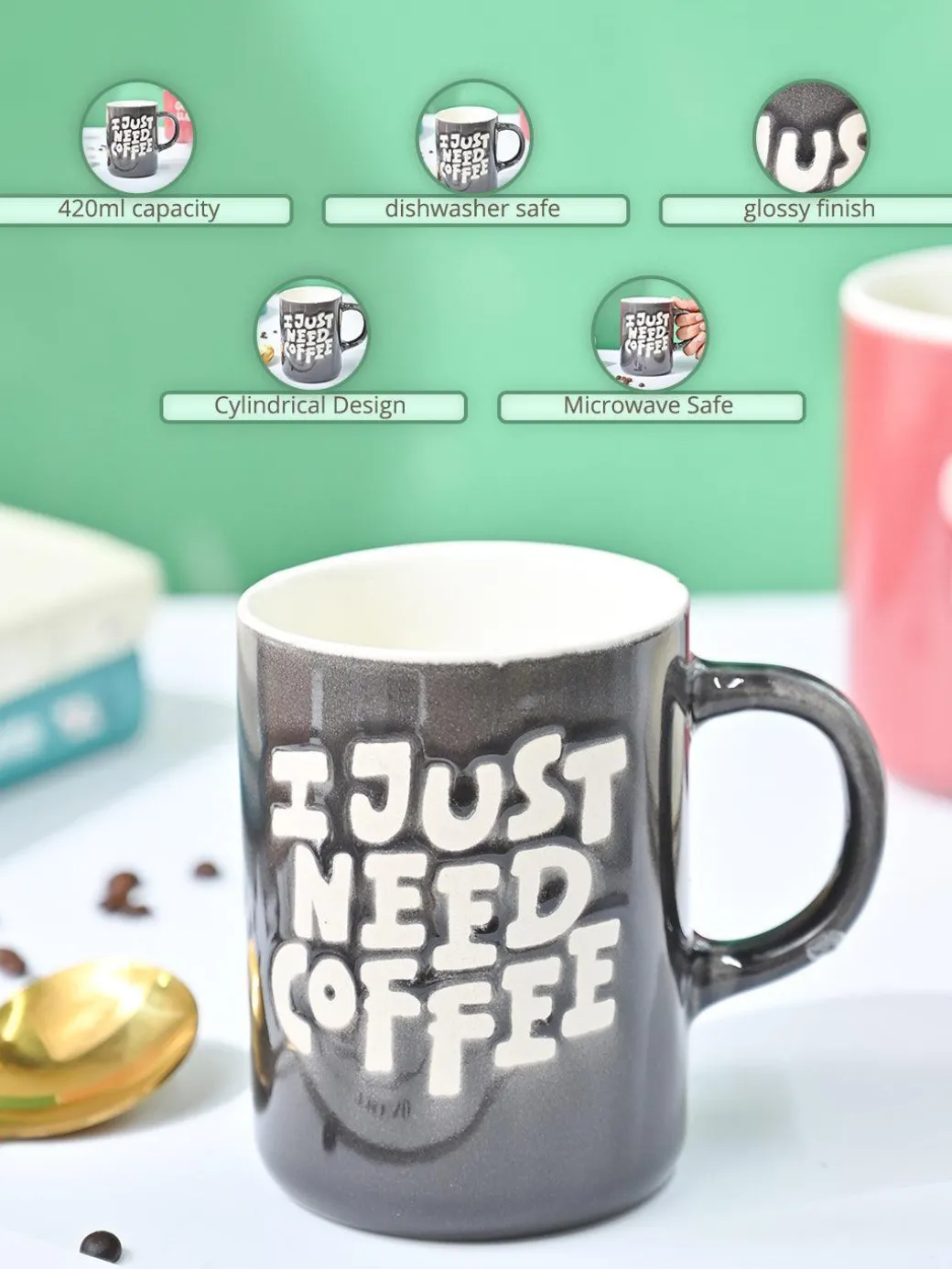 VON CASA Grey Mug (I Just Need Coffee) - 420Ml