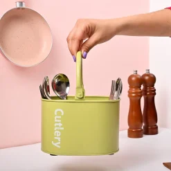 VON CASA Mint Green Galvanized Iron Cutlery Holder – Oval Shape