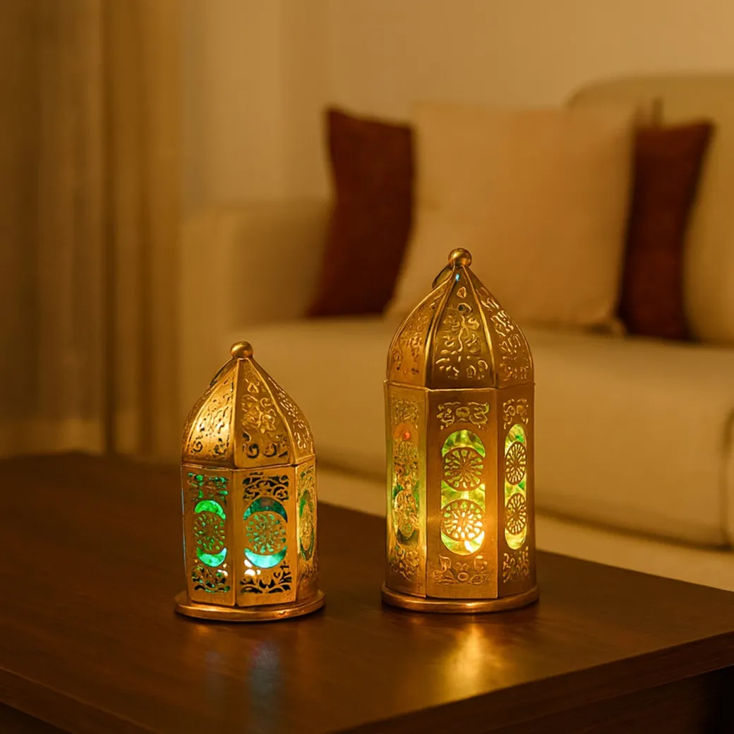 VON CASA Moroccan Lantern Set of 2 – Golden & Green (Domed Design)