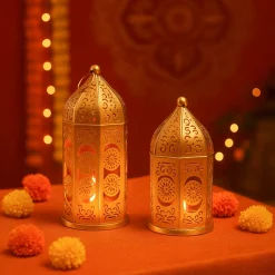 VON CASA Moroccan Lantern Set of 2 – Golden & Red (Domed Design)