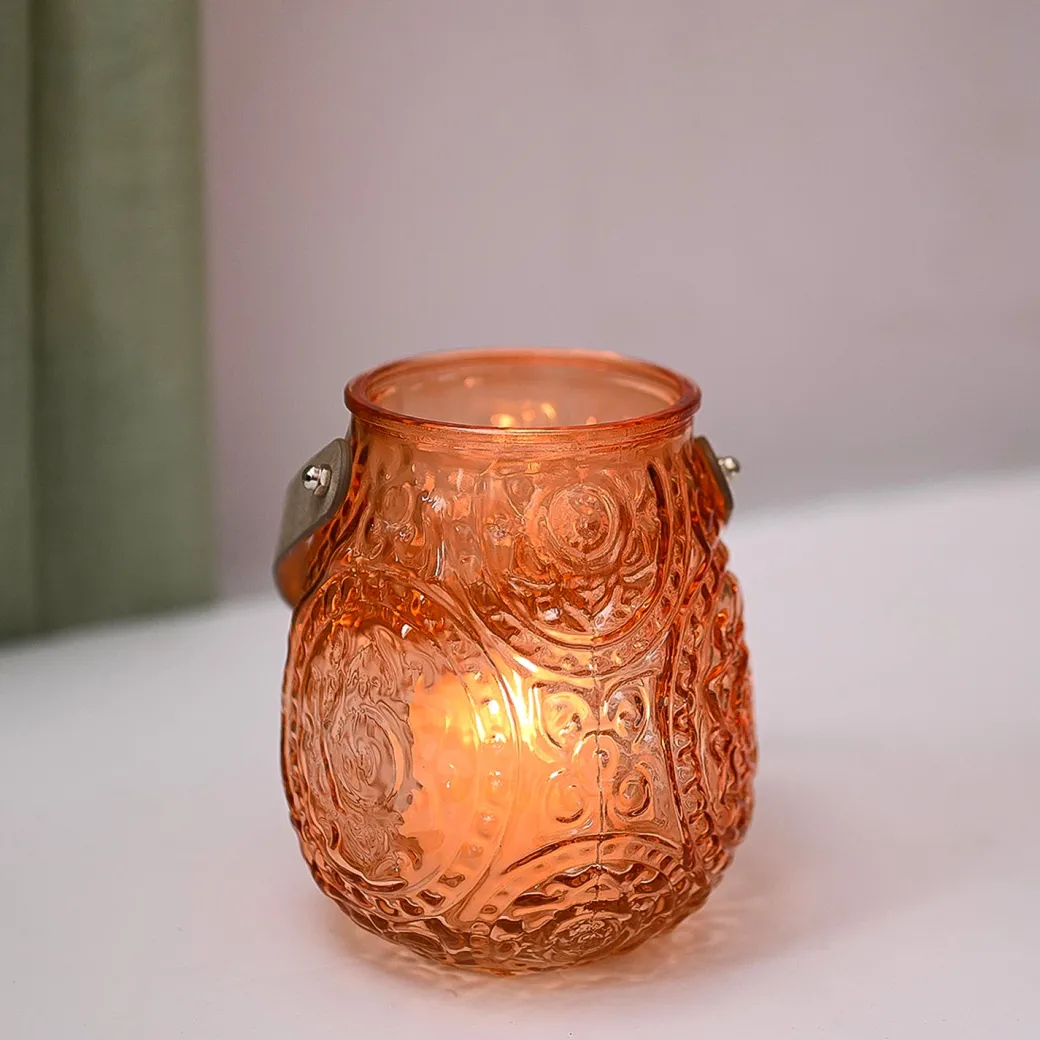 VON CASA Orange Cylindrical Glass T-Light Holder