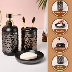 VON CASA 3Pcs Back & Gold Ceramic Bathroom Set