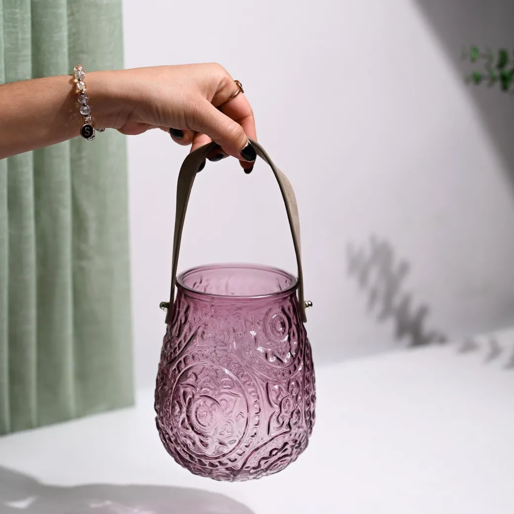VON CASA Purple Cylindrical Glass T-Light Holder