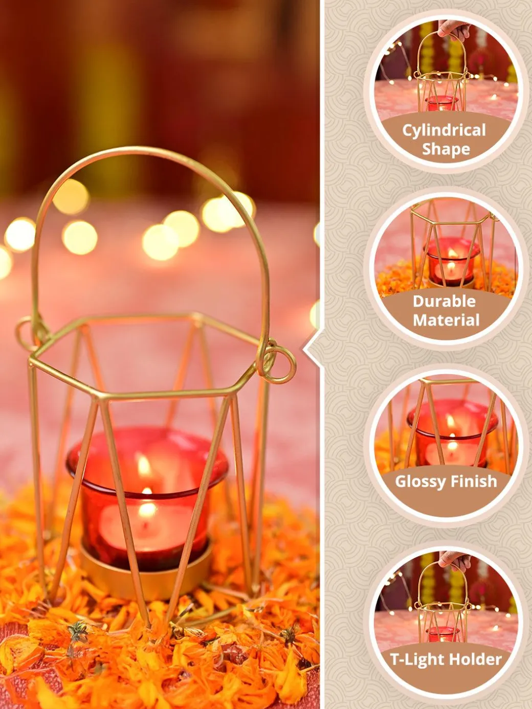 VON CASA Red & Golden T-Light Holder